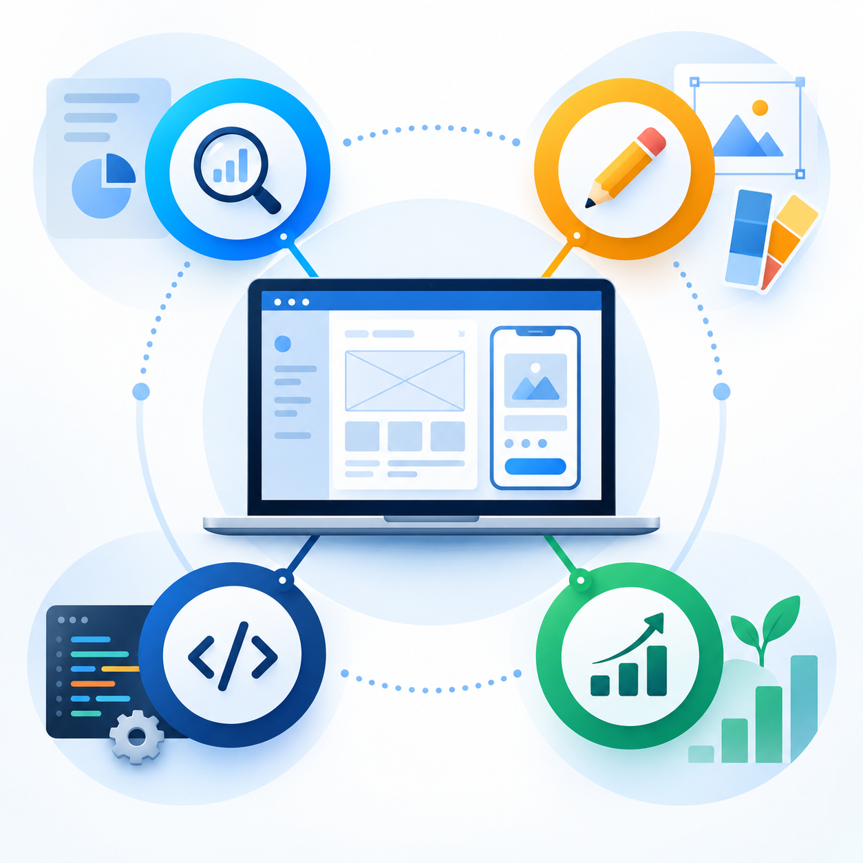 Connected website technology, development, and growth workflow